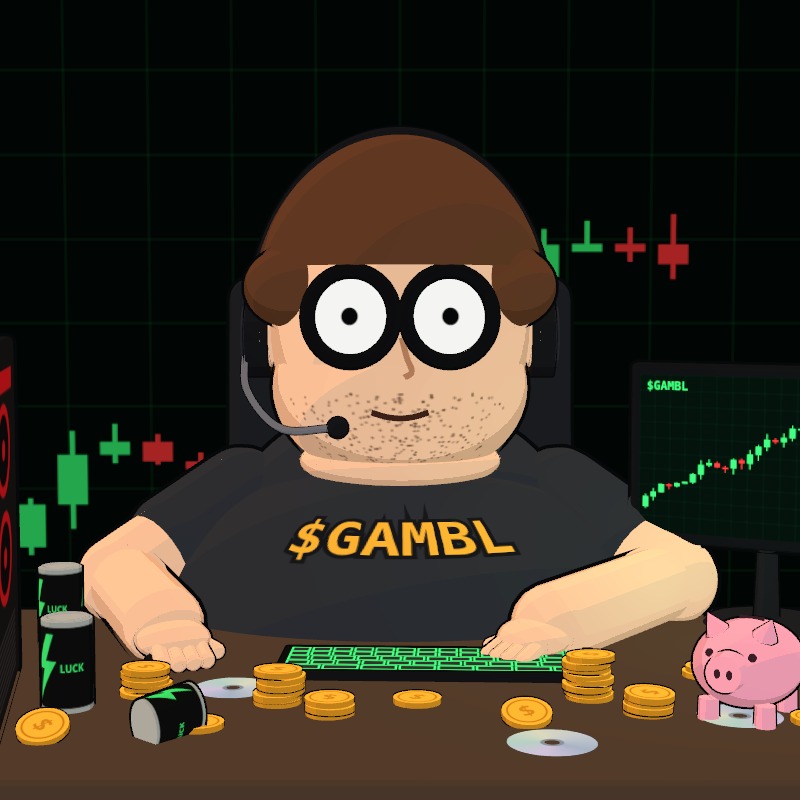 GAMBL: a heavy-set degen in round glasses and a headset at his desk at night, gold coins everywhere
